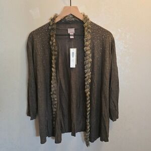 Chicos‎ Embellished Faux Fur Trim Cardigan Sweater Brown Open Front